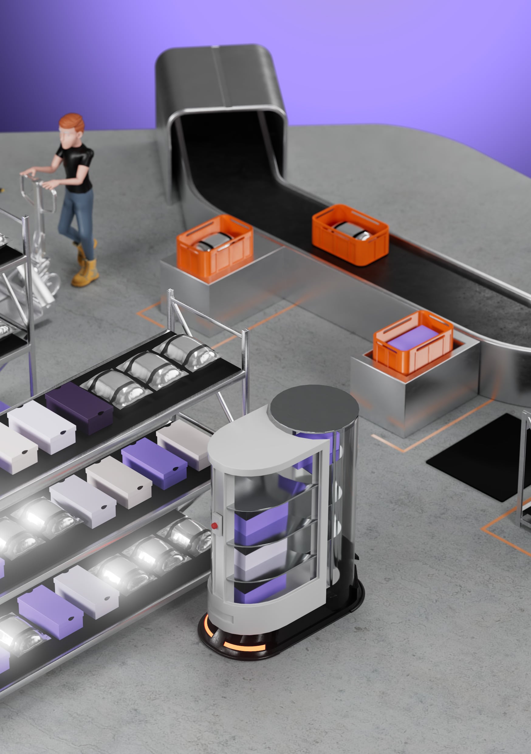 3D logistics warehouse scene with orange crates, conveyor belt, storage shelves, and worker character for augmented reality app by ROCANI