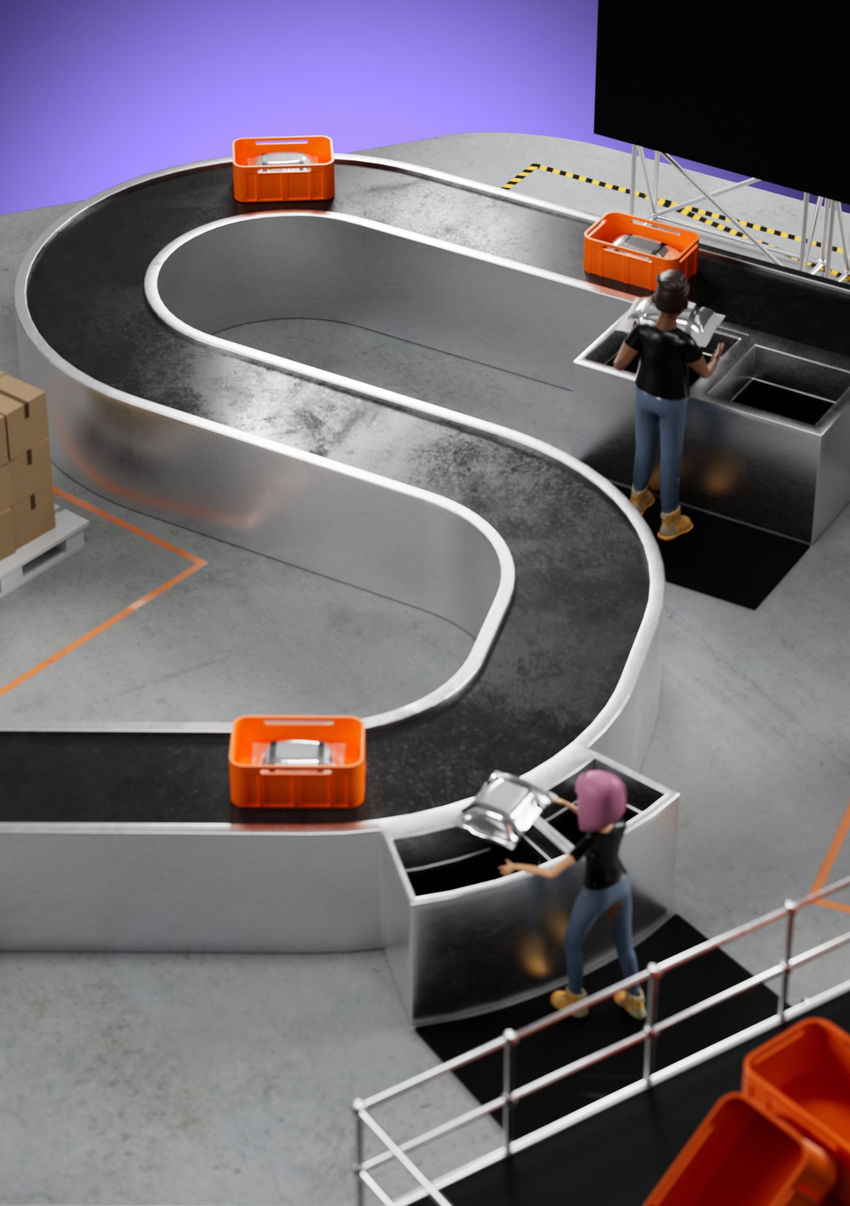 3D conveyor system with curved track, orange containers, and diverse workers interacting in augmented reality experience by ROCANI