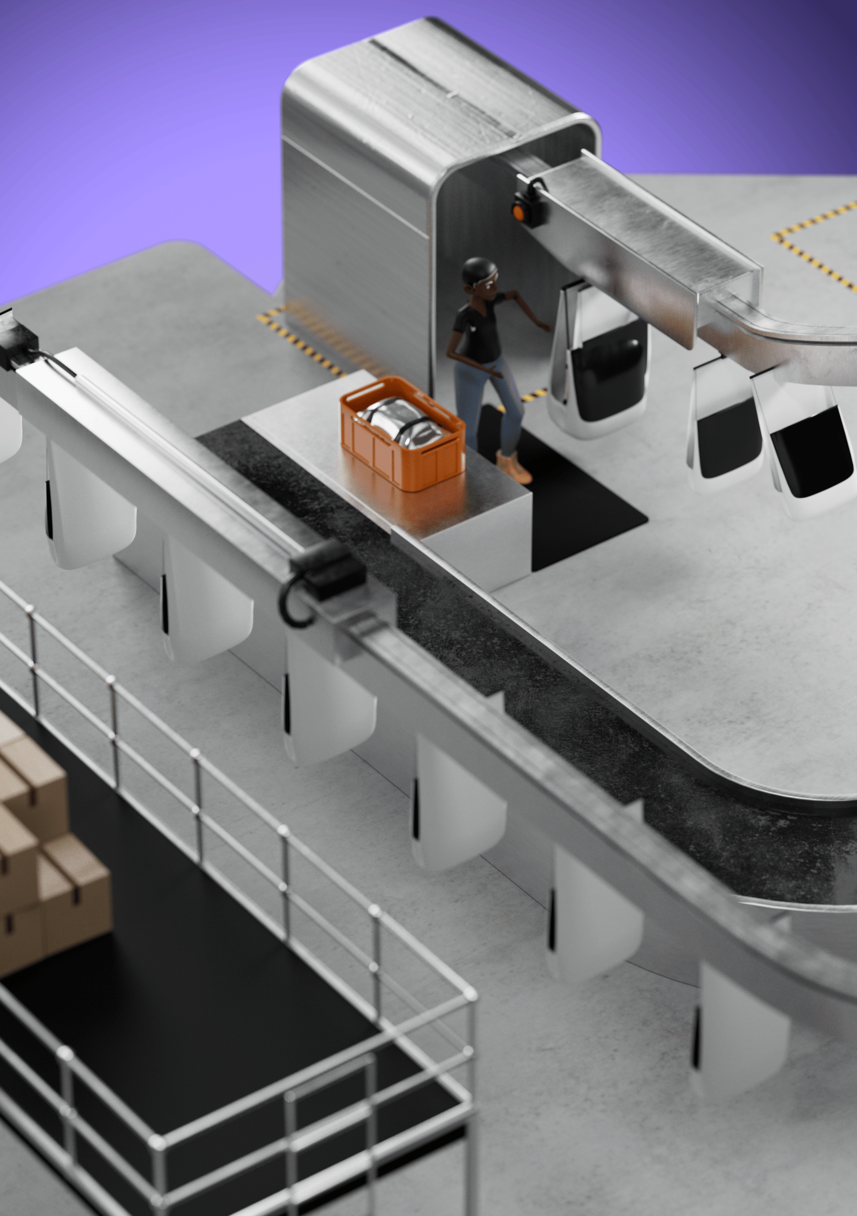 3D logistics conveyor system with hanging bag sorter and worker character in augmented reality warehouse simulation by ROCANI